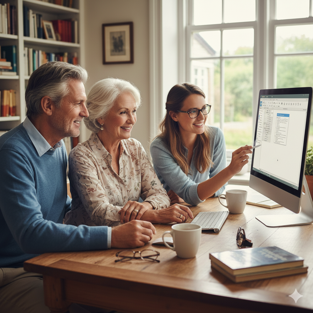 Personnes souriantes apprenant le numérique avec un accompagnant